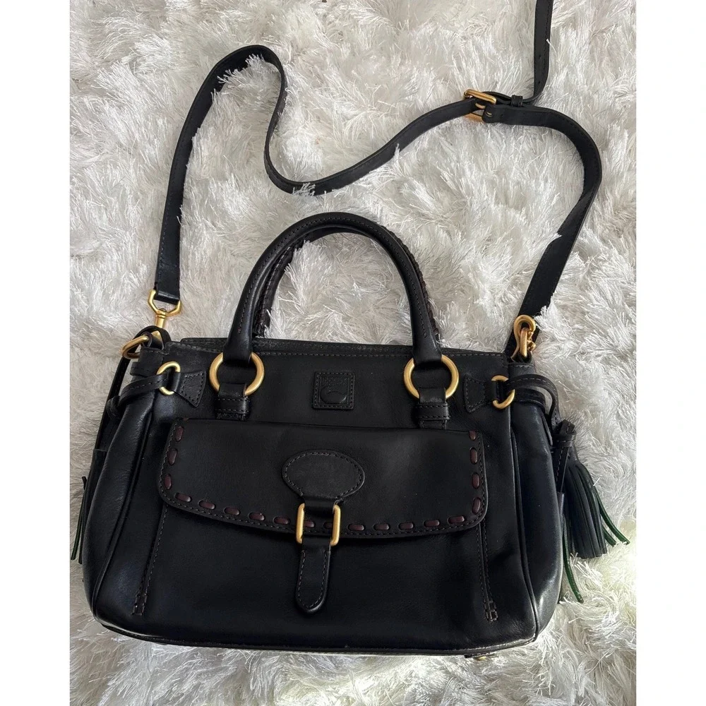 Dooney & Bourke Florentine Leather Satchel Black Whipstitch Crossbody Bag Y2K